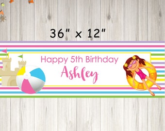 Pool Party Birthday Banner, Girls Summer Pool Party Banner, Personalized Banner - Printed and Shipped