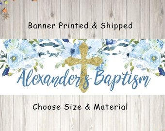 Baptism Banner Boy, Baby Christening, Baptism Party Decorations, Blue Floral Gold Cross Baptism Banner - Printed & Shipped