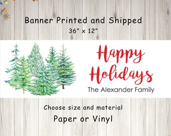 Happy Holidays Christmas Banner, Holiday Party Banner, Christmas Trees Holiday Sign, Christmas Party Decorations - Printed and Shipped