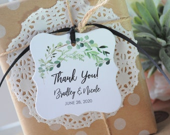 Wedding Favor Thank You Tags Greenery Leaf, Wedding Thank You Favors Personalized Wedding Tags, Bridal Shower Hang Tags - Set of 12