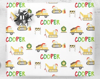 Personalized Name Construction Vehicles Christmas Gift Wrap Boy Wrapping Paper, Gift Wrap Sheets, Holiday Wrapping Paper, Unique Christmas