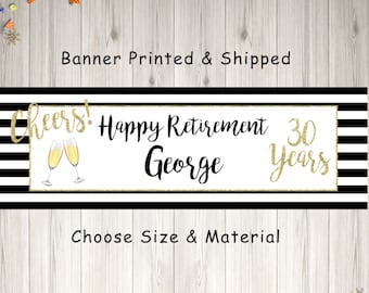 Retirement Banner, Happy Retirement Decorations, Black and Gold Retirement Party Banner Sign, Printed & Shipped