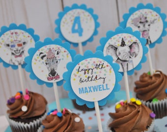 Party Animals Birthday Cupcake Toppers, Zoo Animal Birthday Party, Wild Animals Birthday Party Decorations - Set of 12