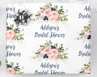 Bridal Shower Wrapping Paper Pink Blush Navy Floral, Personalized Bridal Shower Wedding Gift Wrap Sheets, Unique Present Wrapping Paper