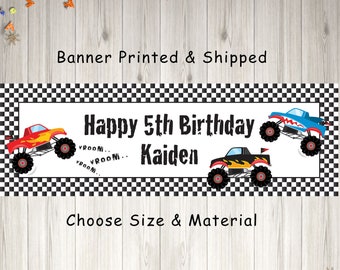 Monster Truck Birthday Party Banner Monster Truck Rally Racing Birthday Banner Personalized Happy Birthday Banner Printed and Shipped