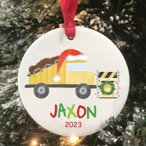 Kids Christmas Ornament 2023 Construction Dump Truck Personalized Name Christmas Ornament Personalized Gift Ceramic Keepsake Ornament