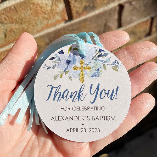 Baptism Favor Tags Boy Thank You Tags Baby Christening First Holy Communion Favor Tags Blue Floral Gold Cross Personalized - Set of 12