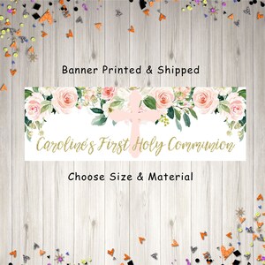 First Holy Communion Banner, 1st Communion Girls Party Decorations, Pink and Gold Communion Sign - Printed & Shipped