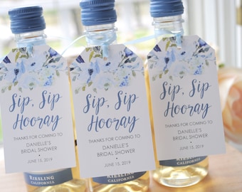 Bridal Shower Favors Tags for Mini Wine Bottles, Wedding Favors, Mini Champagne Tags, Sip Sip Hooray Favor Tags Blue Floral