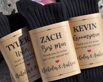 Sock Wraps for Groomsman, Best Man, Usher, Sock Labels, Groomsmen Gift, Sock Wrappers, Wedding Party **PRINTED & SHIPPED** - Set of 3 Wraps