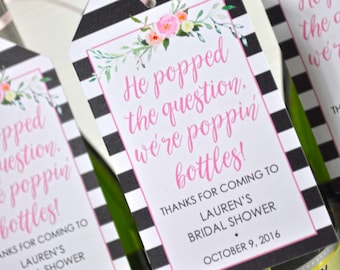 Mini Wine Bottle Bridal Shower Favor Tags, Bachelorette Party Favors, Wedding Favors, Champagne Tags, He Popped The Question - Set of 12