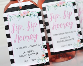 Bridal Shower Favors Tags for Mini Wine Bottles, Wedding Favors, Mini Champagne Tags, Personalized Wedding Tags, Black Floral - Set of 12