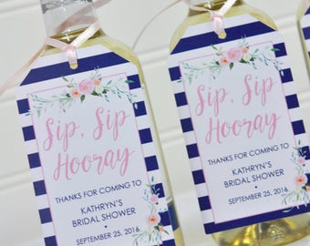 Bridal Shower Favor Tags, Wedding Favors, Mini Wine Bottles, Mini Champagne Tags, Sip Sip Hooray Tags, Navy Blue & Pink - Set of 12