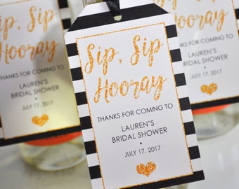 Wine Bottle Favor Tags Bridal Shower, Wedding Favors, Mini Champagne Tags, Personalized Mini Wine Bottle Favors - Black Gold - Set of 12