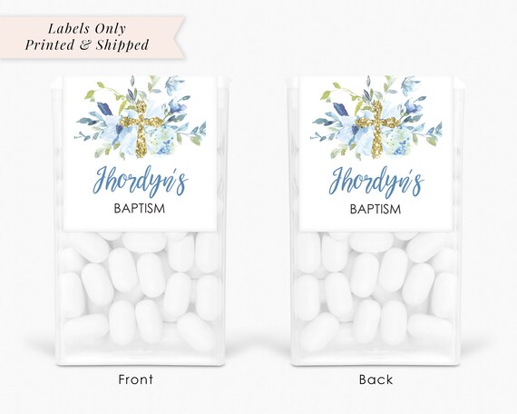 Baptism Party Favors, Tic Tac Labels Mint Favors, Boys Baptism Blue Floral Gold Cross, Personalized Party Favors - Set of 24 Labels Il_570xn