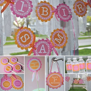 Water Bottle Labels Personalized Drink Labels 1st Birthday Party Decorations Orange, Pink and White Polkadots Set of 10 image 3