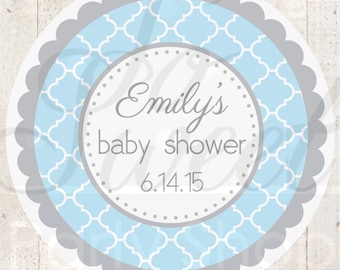 Baby Shower Favor Sticker Labels - Blue and Gray Baby Shower - Personalized Baby Shower Favors - Boy Baby Shower Decorations - Set of 24