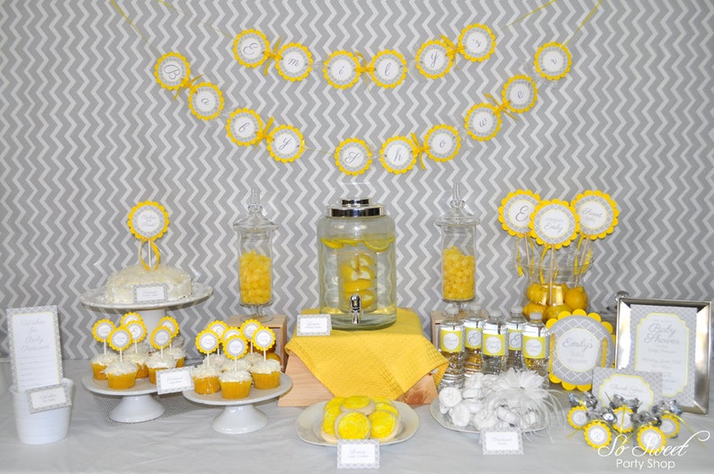 yellow and grey baby shower decorations