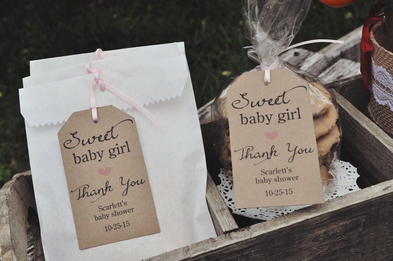 Girl Baby Shower Favor Tags, Sweet Baby Girl, Rustic Thank You Tags, Kraft Favor Tag, Girls Baby Shower Thank You Tags Set of 12 image 3