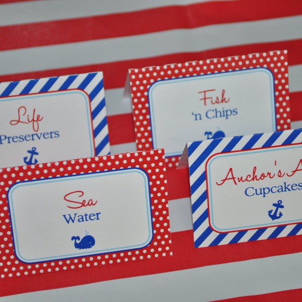 Nautical Food Label Tent Cards - Buffet Labels, Placecards - Nautical Birthday or Baby Shower - Whales and Anchors - Set of 12