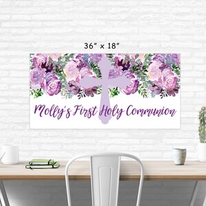 First Holy Communion Banner Girl, 1st Communion Party Decorations, Purple Floral Communion Banner Printed & Shipped image 3