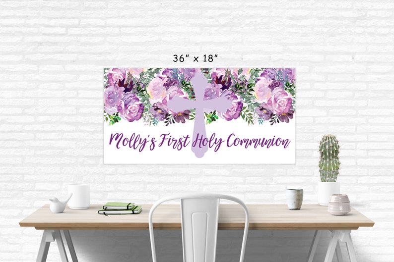 First Holy Communion Banner Girl, 1st Communion Party Decorations, Purple Floral Communion Banner Printed & Shipped image 3
