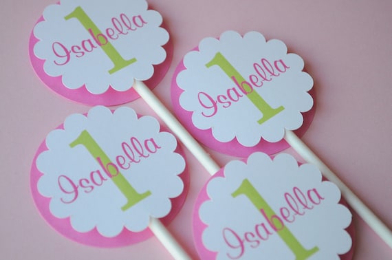Cupcake Toppers - Girls 1st Birthday Party - Birthday Party Decorations - Pink and Lime Green - Personalized Cupcake Toppers - Set of 12 Il_570xn