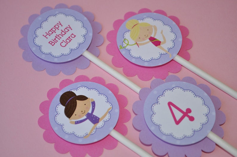 Girls Birthday Cupcake Toppers Gymnastic Cupcake Toppers Gymnastics, Tumbling Birthday Party Decorations Set of 12 image 1