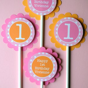 Cupcake Toppers Girls 1st Birthday, Personalized Party Decorations, Cupcake Picks, Orange, Pink and White Polkadots Set of 12 image 2