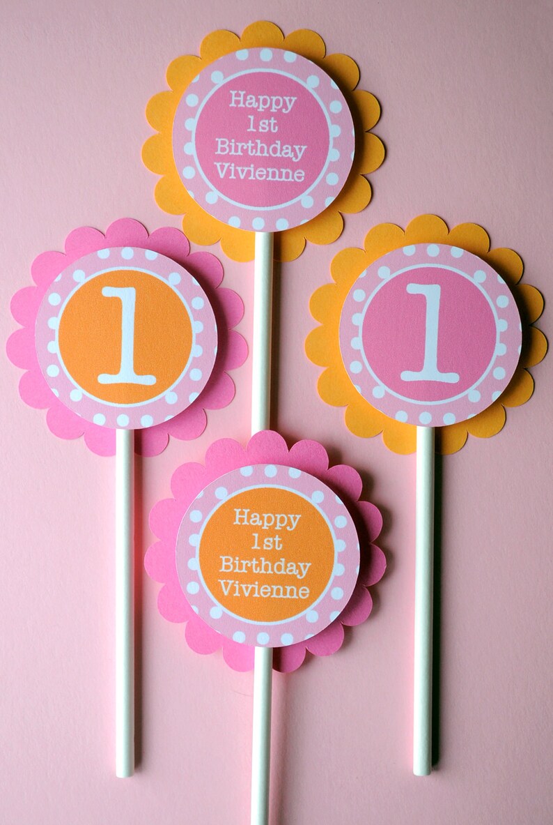 Cupcake Toppers Girls 1st Birthday, Personalized Party Decorations, Cupcake Picks, Orange, Pink and White Polkadots Set of 12 image 2