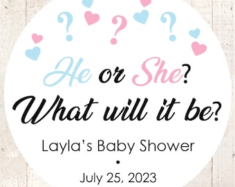 Gender Reveal Baby Shower Favor Stickers, He or She What Will It Be Personalized Stickers Pink & Blue Baby Shower - Set of 24 Stickers