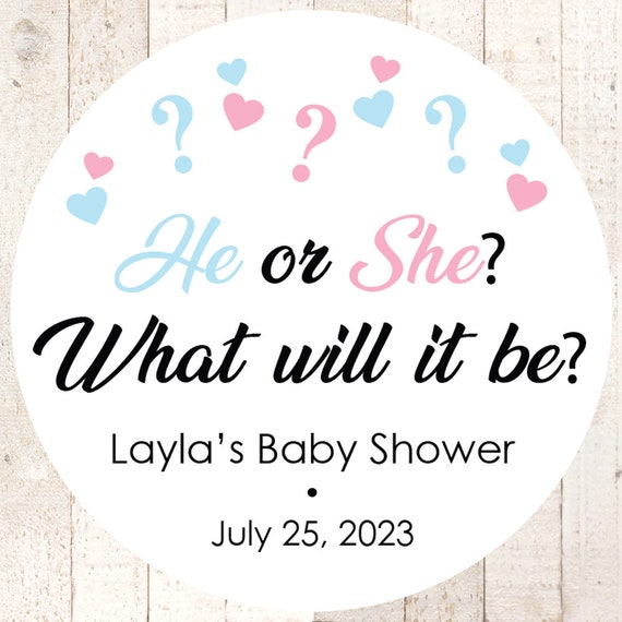 Gender Reveal Baby Shower Favor Stickers, He or She What Will It Be
