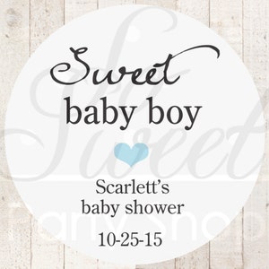 Boys Baby Shower Favor Stickers Baby Shower Thank You Stickers White Favor Stickers Blue Heart Sweet Baby Boy Set of 24 image 1