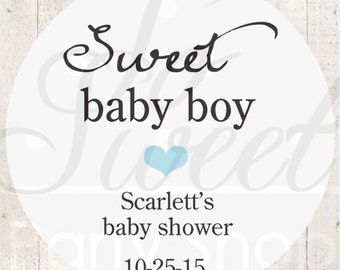 Boys Baby Shower Favor Stickers - Baby Shower Thank You Stickers - White Favor Stickers - Blue Heart (Sweet Baby Boy) - Set of 24