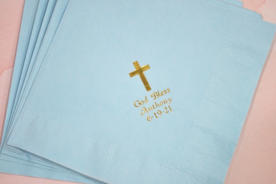 Baptism Gold Foil Napkins Printed, God Bless Personalized Napkins, Luncheon Beverage Cake Napkins, Boys Christening First Holy Communion Il_570xn