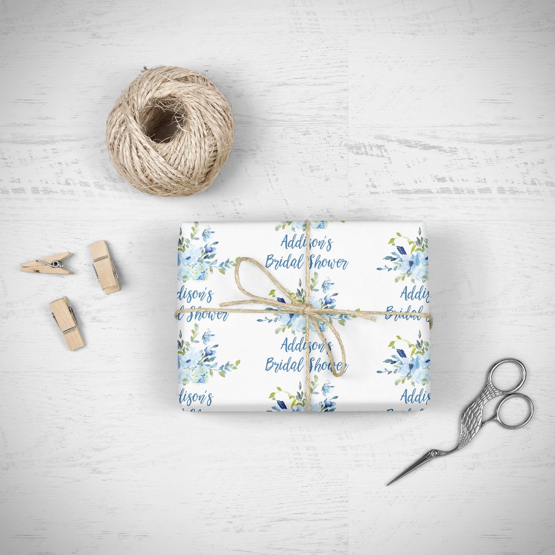 Personalized Bridal Shower Wedding Gift Wrap Sheets, Bridal Shower Wrapping Paper Blue Floral