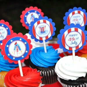 4th of July Cupcake Toppers, Fourth of July Party Decorations, Summer Picnic, Patriotic Star Cupcake Toppers, Red White and Blue - Set of 12