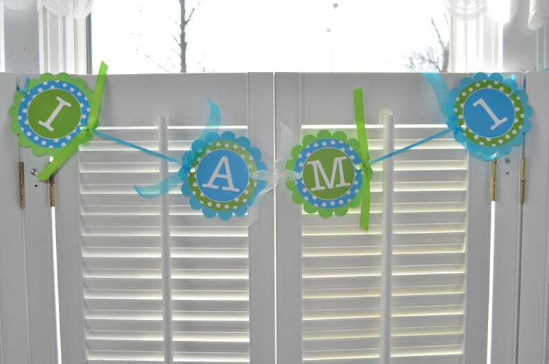 Bright Pool Blue Personalized Boys 1st Birthday Door Sign Bright Green and White Polkadots
