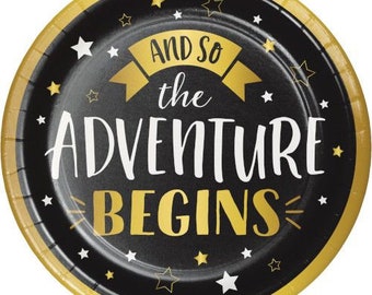 The Adventure Begins Graduation Plates, Retirement Party Plates, Luncheon Paper Disposable, Party Supplies Plates Tableware