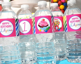 Water Bottle Labels Candy Sweet Shoppe, 1st Birthday, Rainbow Party, Candyland Birthday Party, Sweet Shop, Bubblegum Cupcake - Set of 10