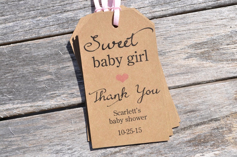 Girl Baby Shower Favor Tags, Sweet Baby Girl, Rustic Thank You Tags, Kraft Favor Tag, Girls Baby Shower Thank You Tags Set of 12 image 1