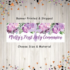 First Holy Communion Banner Girl, 1st Communion Party Decorations, Purple Floral Communion Banner Printed & Shipped image 1