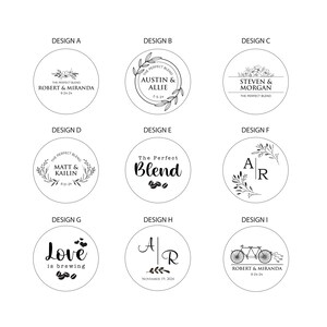 May include: Nine circular designs with black text and illustrations. Designs include names, dates, floral elements, and the phrase "The Perfect Blend." One design features a bicycle. The designs are for weddings or special events.