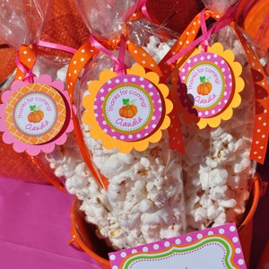May include: A small orange bucket filled with white popcorn. Three clear bags of popcorn are tied with pink and orange ribbon and have a pink and orange pumpkin-themed tag that says "Thanks for coming! Claudia". A pink and green sign with white polka dots says "Kettle Corn".