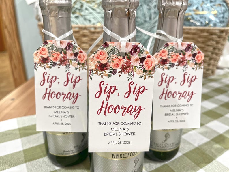 Bridal Shower Favors Tags for Mini Wine Bottles Sip Sip Hooray Wedding Shower Favors Mini Champagne Tags Fall Floral 画像 2
