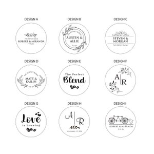 May include: Nine circular designs with black text and illustrations. Designs include names, dates, floral elements, and the phrase "The Perfect Blend." One design features a bicycle. The designs are for a wedding or coffee-related product.