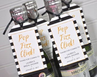 Mini Wine Bottle Favor Tags, Bridal Shower Favors, Personalized Wedding Favors, Mini Champagne Tags, Pop Fizz Clink, Black Gold - Set of 12