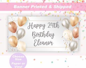 Personalized Birthday Banner Party Decorations Neutral Silver Gold Birthday Party Sign Any Age Milestone Birthday Custom Printed and Shipped