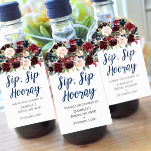 Bridal Shower Favors Tags Mini Wine Bottles, Wedding Favors, Mini Champagne Tags, Sip Sip Hooray Favor Tags Burgundy Navy Floral - Set of 12