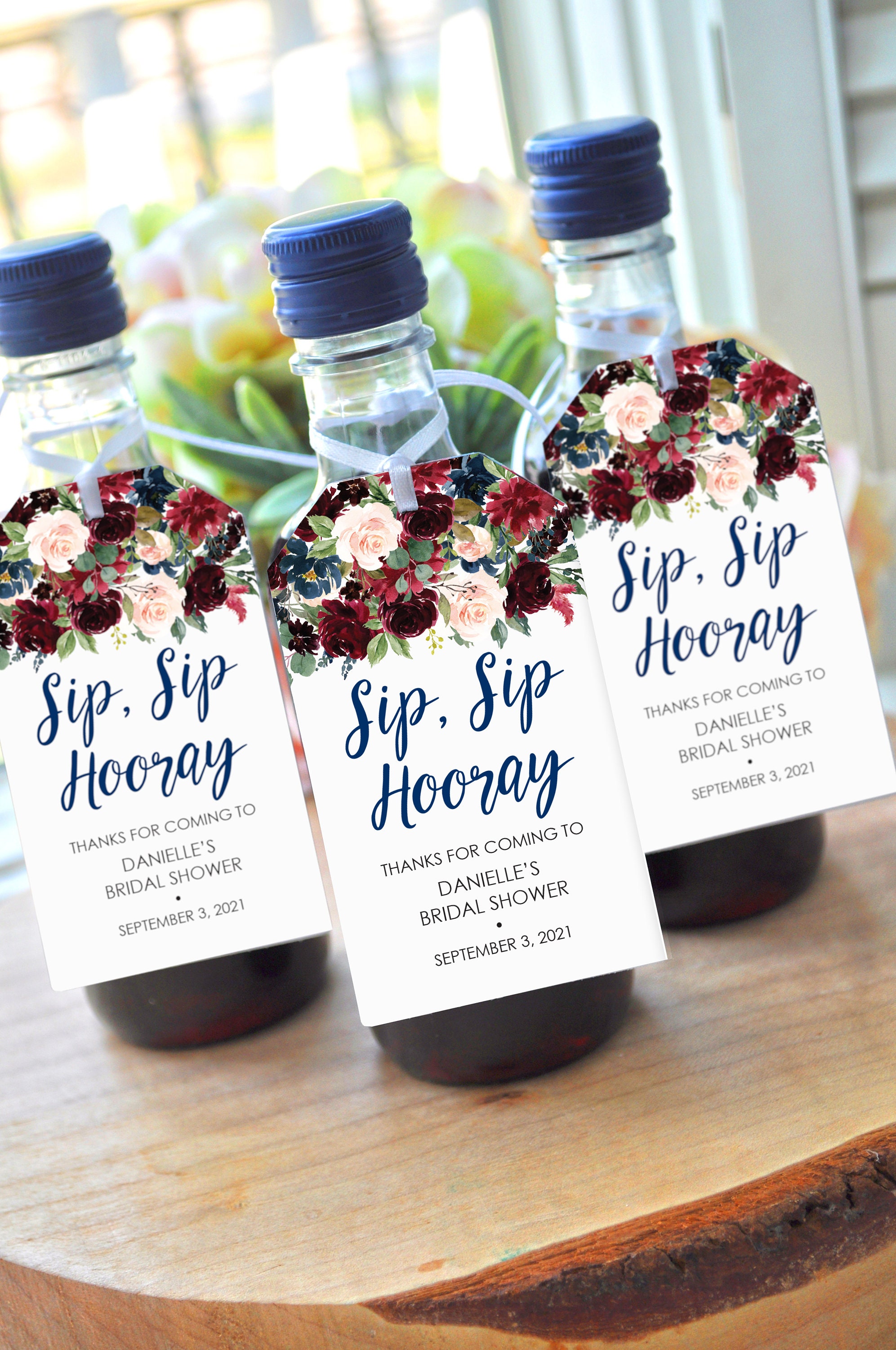 Bridal Shower Favors Tags Mini Wine Bottles, Wedding Favors, Mini Champagne Tags, Sip Sip Hooray Favor Tags Burgundy Navy Floral - Set of 12